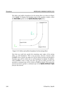 Procedure MODELING A MIXING ELBOW (2-D)
2-40 © Fluent Inc., Sep-04
The inflow and outflow boundaries for the mixing elbow are shown in Figure
2-23. (NOTE: To display the boundary types in the graphics window, select
the Show labels options on the Specify Boundary Types form.)
Figure 2-23: Inflow and outflow boundaries for the mixing elbow
Note that you could also specify the remaining outer edges of the mixing
elbow as wall boundaries. This is not necessary, however, because when
GAMBIT saves a mesh, any edges (in 2-D) on which you have not specified a
boundary type will be written out as wall boundaries by default. In addition,
when GAMBIT writes a mesh, any faces (in 2-D) on which you have not
specified a continuum type will be written as FLUID by default. This means that
you do not need to specify a continuum type in the Specify Continuum Types
form for this tutorial.
 