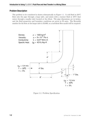 Introduction to Using FLUENT: Fluid Flow and Heat Transfer in a Mixing Elbow
Problem Description
The problem to be considered is shown schematically in Figure 1.1. A cold fluid at 20◦
C
flows into the pipe through a large inlet, and mixes with a warmer fluid at 40◦
C that
enters through a smaller inlet located at the elbow. The pipe dimensions are in inches,
and the fluid properties and boundary conditions are given in SI units. The Reynolds
number for the flow at the larger inlet is 50,800, so a turbulent flow model will be required.
= 4216 J/kg−K
p
C
= 8 x 10 Pa−s
µ −4
k = 0.677 W/m−K
= 0.4 m/s
x
U
4" Dia.
4"
8"
3"
1" Dia.
1"
8"
Viscosity:
Conductivity:
Specific Heat:
T = 20 C
I = 5%
= 1.2 m/s
y
U
T = 40 C
I = 5%
Density: = 1000 kg/m3
ρ
o
o
Figure 1.1: Problem Specification
1-2 c

 Fluent Inc. September 21, 2006
 