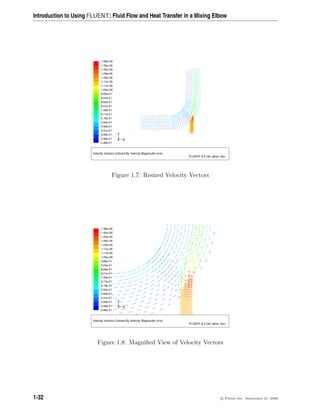 Introduction to Using FLUENT: Fluid Flow and Heat Transfer in a Mixing Elbow
Velocity Vectors Colored By Velocity Magnitude (m/s)
FLUENT 6.3 (3d, pbns, rke)
1.48e+00
1.42e+00
1.35e+00
1.29e+00
1.23e+00
1.17e+00
1.11e+00
1.05e+00
9.85e-01
9.24e-01
8.62e-01
8.01e-01
7.39e-01
6.77e-01
6.16e-01
5.54e-01
4.93e-01
4.31e-01
3.69e-01
3.08e-01
2.46e-01
Z
Y
X
Figure 1.7: Resized Velocity Vectors
Velocity Vectors Colored By Velocity Magnitude (m/s)
FLUENT 6.3 (3d, pbns, rke)
1.48e+00
1.42e+00
1.35e+00
1.29e+00
1.23e+00
1.17e+00
1.11e+00
1.05e+00
9.85e-01
9.24e-01
8.62e-01
8.01e-01
7.39e-01
6.77e-01
6.16e-01
5.54e-01
4.93e-01
4.31e-01
3.69e-01
3.08e-01
2.46e-01
Z
Y
X
Figure 1.8: Magnified View of Velocity Vectors
1-32 c

 Fluent Inc. September 21, 2006
 