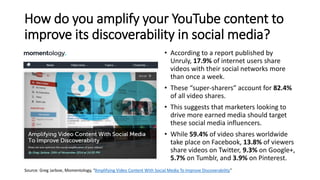 How do you amplify your YouTube content to
improve its discoverability in social media?
• According to a report published by
Unruly, 17.9% of internet users share
videos with their social networks more
than once a week.
• These “super-sharers” account for 82.4%
of all video shares.
• This suggests that marketers looking to
drive more earned media should target
these social media influencers.
• While 59.4% of video shares worldwide
take place on Facebook, 13.8% of viewers
share videos on Twitter, 9.3% on Google+,
5.7% on Tumblr, and 3.9% on Pinterest.
Source: Greg Jarboe, Momentology, “Amplifying Video Content With Social Media To Improve Discoverability”
 