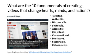 What are the 10 fundamentals of creating
videos that change hearts, minds, and actions?
• Targeted.
• Authentic.
• Discoverable.
• Shareable.
• Accessible.
• Consistent.
• Conversational.
• Interactive.
• Sustainable.
• Collaborative.
Source: Greg Jarboe, Momentology, “10 Fundamentals Of Creating Videos That Change Hearts, Minds, Actions”
 