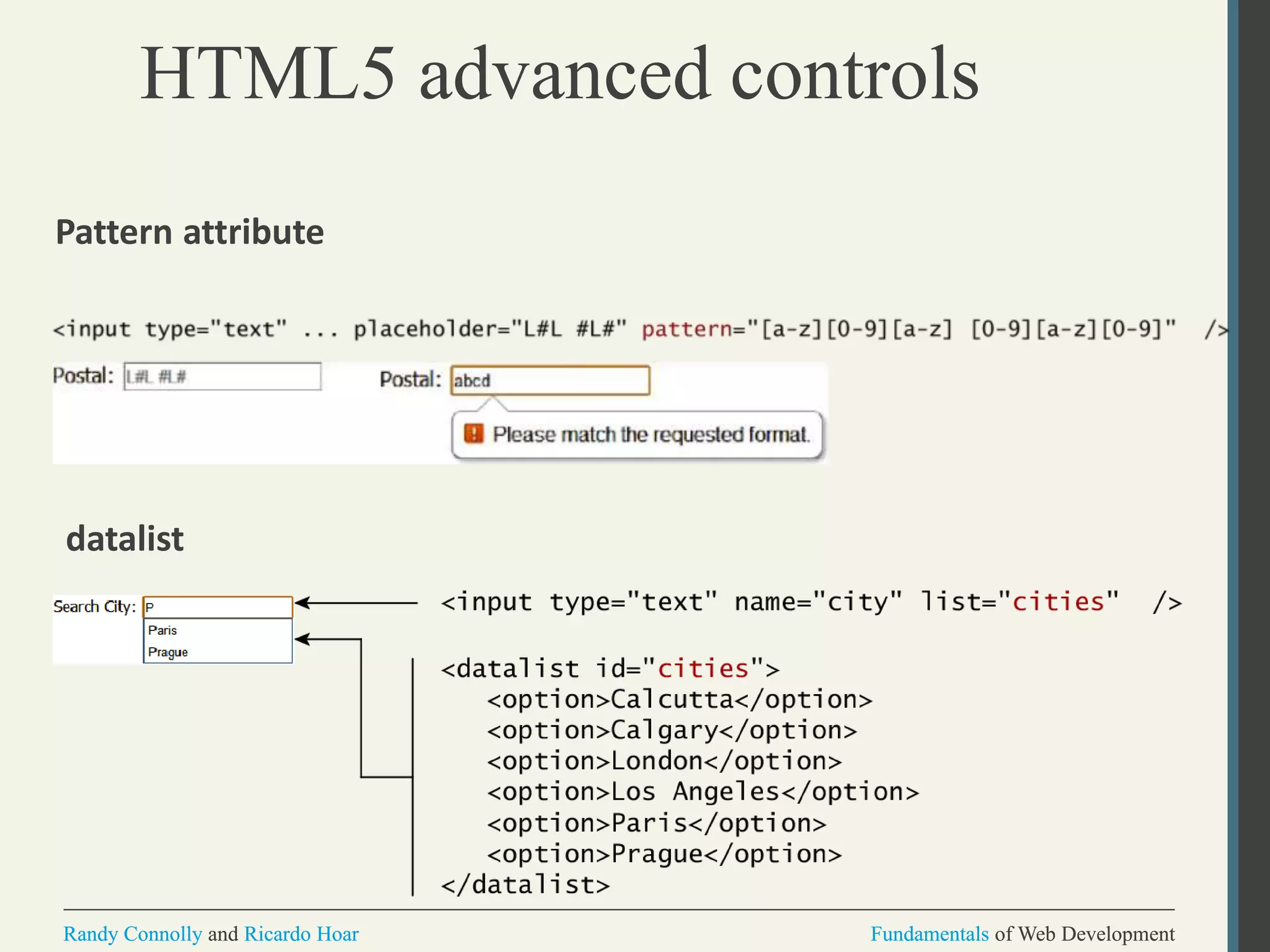 Fundamentals of Web DevelopmentRandy Connolly and Ricardo Hoar Fundamentals of Web DevelopmentRandy Connolly and Ricardo Hoar
HTML5 advanced controls
Pattern attribute
datalist
 