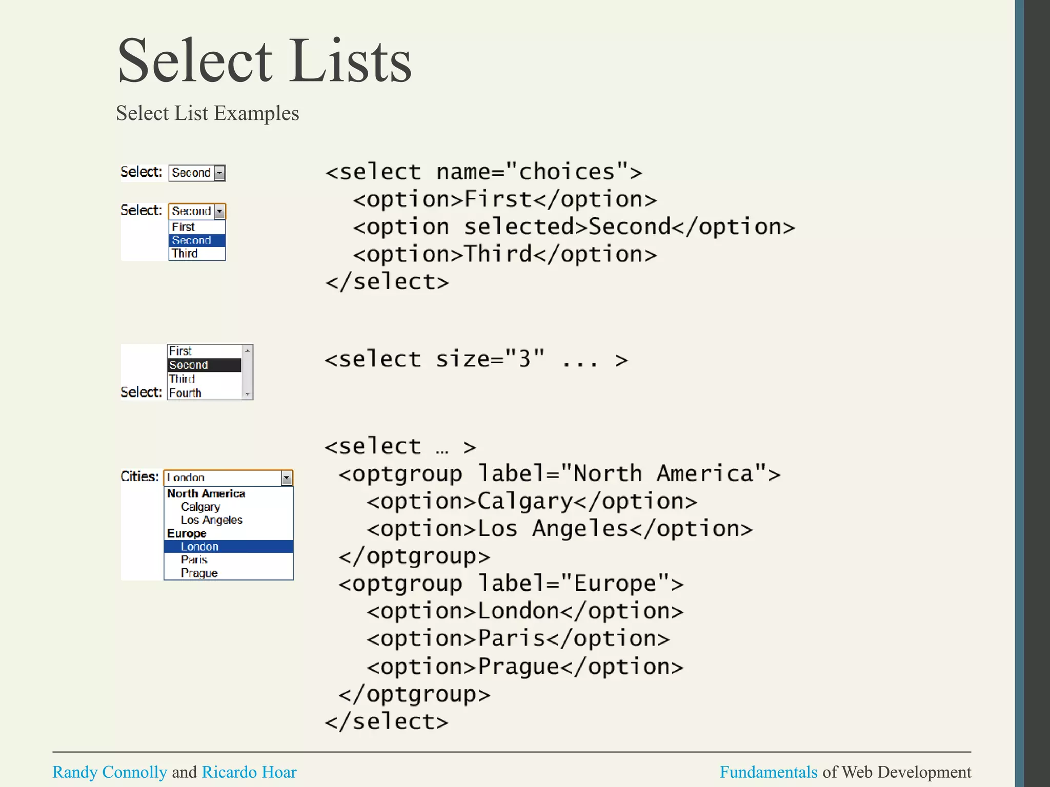 Fundamentals of Web DevelopmentRandy Connolly and Ricardo Hoar Fundamentals of Web DevelopmentRandy Connolly and Ricardo Hoar
Select Lists
Select List Examples
 