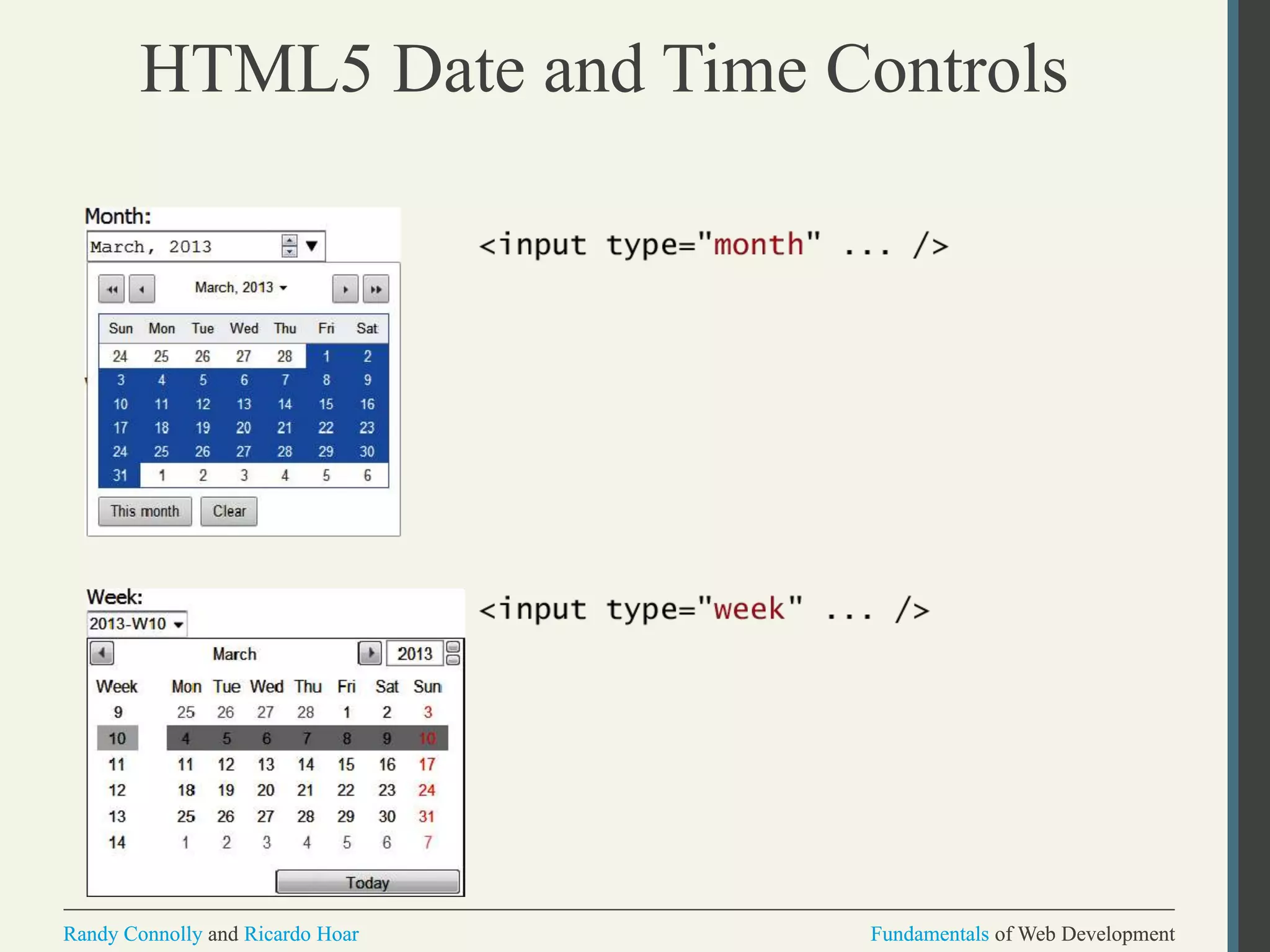 Fundamentals of Web DevelopmentRandy Connolly and Ricardo Hoar Fundamentals of Web DevelopmentRandy Connolly and Ricardo Hoar
HTML5 Date and Time Controls
 
