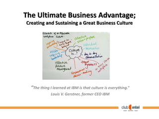 The Ultimate Business Advantage; 
Creating and Sustaining a Great Business Culture 
“The thing I learned at IBM is that culture is everything.” 
Louis V. Gerstner, former CEO IBM 
 