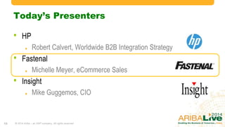 Today’s Presenters

•

HP
Robert Calvert, Worldwide B2B Integration Strategy

•

Fastenal
Michelle Meyer, eCommerce Sales

•

Insight
Mike Guggemos, CIO

13

© 2014 Ariba – an SAP company. All rights reserved.

 