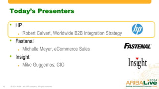 Today’s Presenters

•

HP
Robert Calvert, Worldwide B2B Integration Strategy

•

Fastenal
Michelle Meyer, eCommerce Sales

•

Insight
Mike Guggemos, CIO

4

© 2014 Ariba – an SAP company. All rights reserved.

 
