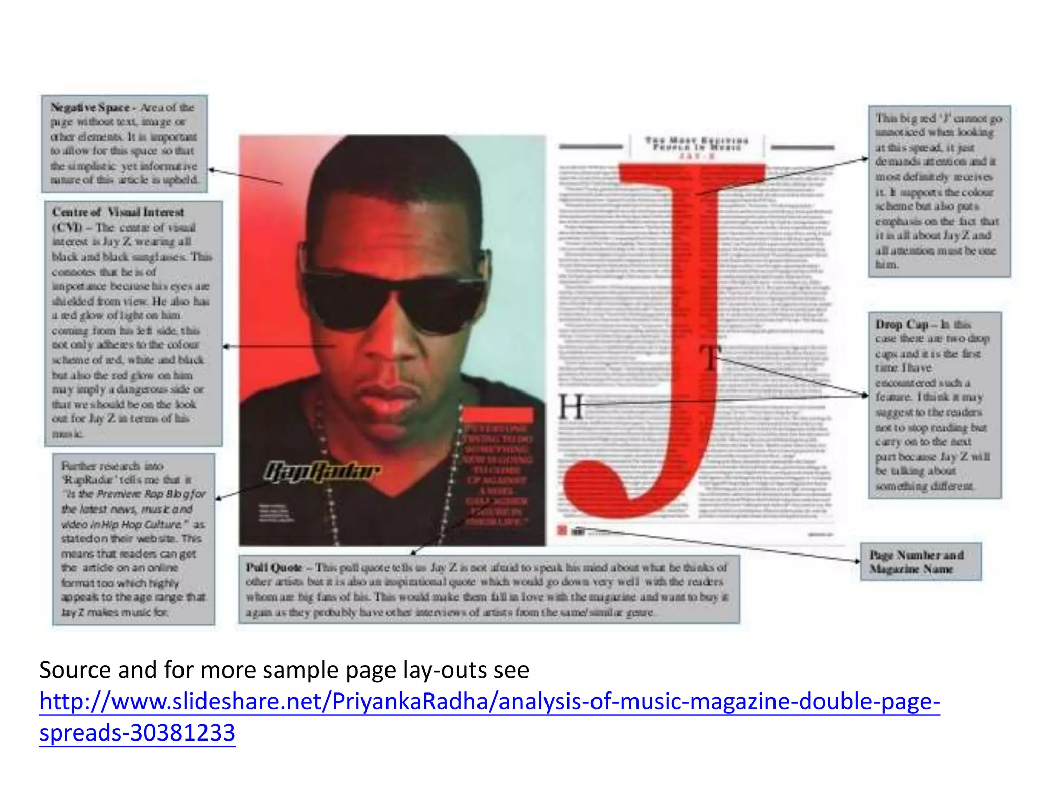 Source and for more sample page lay-outs see
http://www.slideshare.net/PriyankaRadha/analysis-of-music-magazine-double-page-
spreads-30381233
 