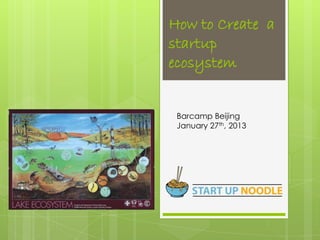 How to Create a
startup
ecosystem


 Barcamp Beijing
 January 27th, 2013
 