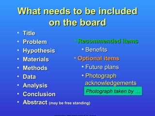 What needs to be included
      on the board
•   Title
•   Problem               • Recommended items
•   Hypothesis                • Benefits
•   Materials             • Optional items
•   Methods                   • Future plans
•   Data                      • Photograph
•   Analysis                    acknowledgements
                                 Photograph taken by …
•   Conclusion
•   Abstract (may be free standing)
 
