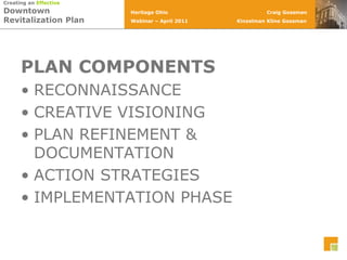 PLAN COMPONENTSRECONNAISSANCECREATIVE VISIONINGPLAN REFINEMENT & DOCUMENTATIONACTION STRATEGIESIMPLEMENTATION PHASE