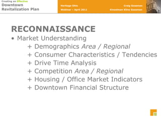 RECONNAISSANCEMarket Understanding		+ Demographics Area / Regional		+ Consumer Characteristics / Tendencies		+ Drive Time Analysis		+ Competition Area / Regional		+ Housing / Office Market Indicators		+ Downtown Financial Structure