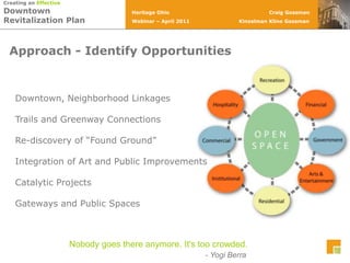 Approach - Identify OpportunitiesDowntown, Neighborhood LinkagesTrails and Greenway ConnectionsRe-discovery of “Found Ground”Integration of Art and Public ImprovementsCatalytic ProjectsGateways and Public SpacesNobody goes there anymore. It's too crowded.- Yogi Berra