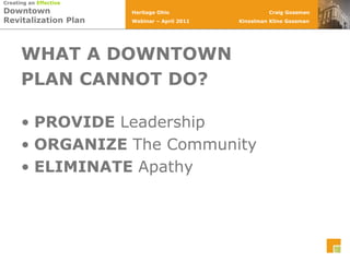 WHAT A DOWNTOWN PLAN CANNOT DO?PROVIDE LeadershipORGANIZE The Community ELIMINATE Apathy