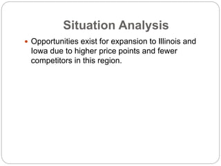 Situation Analysis
 Opportunities exist for expansion to Illinois and
Iowa due to higher price points and fewer
competitors in this region.
 