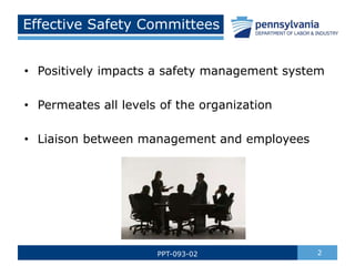 • Positively impacts a safety management system
• Permeates all levels of the organization
• Liaison between management and employees
PPT-093-02 2
Effective Safety Committees
 