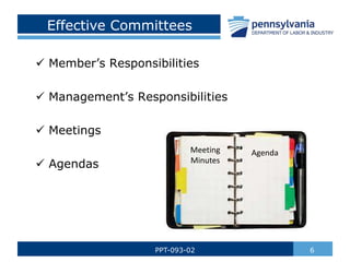6
PPT-093-02
 Member’s Responsibilities
 Management’s Responsibilities
 Meetings
 Agendas
Effective Committees
Agenda
Meeting
Minutes
 