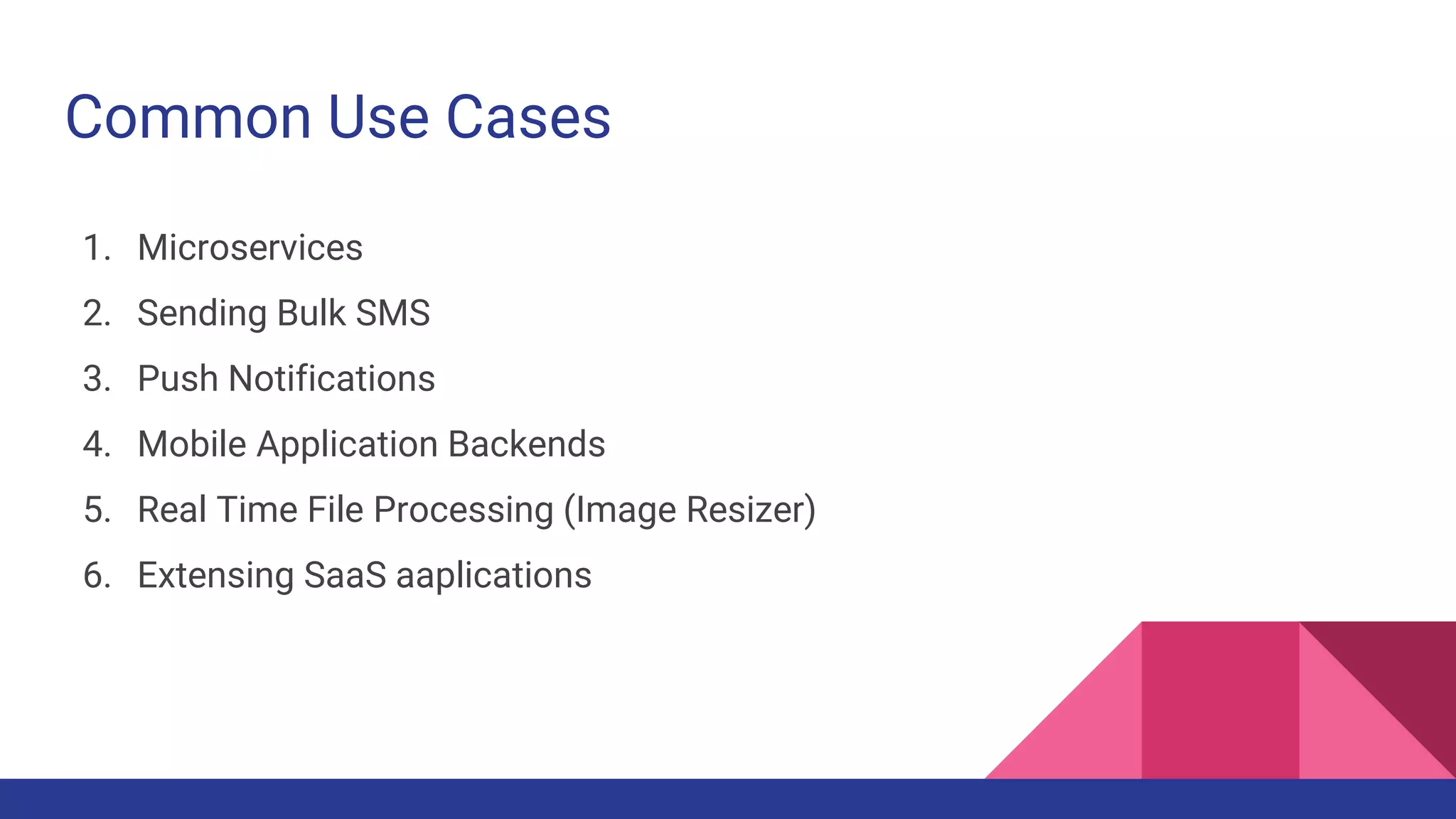 Common Use Cases
1. Microservices
2. Sending Bulk SMS
3. Push Notifications
4. Mobile Application Backends
5. Real Time File Processing (Image Resizer)
6. Extensing SaaS aaplications