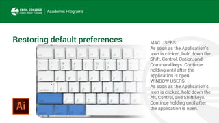 Restoring default preferences MAC USERS:
As soon as the Application’s
Icon is clicked, hold down the
Shift, Control, Option, and
Command keys. Continue
holding until after the
application is open.
WINDOW USERS:
As soon as the Application’s
Icon is clicked, hold down the
Alt, Control, and Shift keys.
Continue holding until after
the application is open.
 
