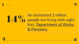 14%
An estimated 2 million
people are living with sight
loss. Department of Works
& Pensions.
 