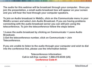 6/14/2013 1
The audio for this webinar will be broadcast through your computer. Once you
join the presentation, a small audio broadcast box will appear on your screen
and you will hear the host through your computer speakers.
To join an Audio broadcast in WebEx, click on the Communicate menu in your
WebEx screen and select Join Audio Broadcast. If you are having problems
connecting with the audio broadcast server you can still join using the
teleconference. To join the teleconference follow the steps below:
1.Leave the audio broadcast by clicking on Communicate > Leave Audio
Broadcast.
2.Get the teleconference number, click on Communicate > Join
Teleconference.
If you are unable to listen to the audio through your computer and wish to dial
into the conference line, please use the information below:
Teleconference information:
Call-in toll-free number: 1-866-410-6539 (US)
Conference Code #:
 