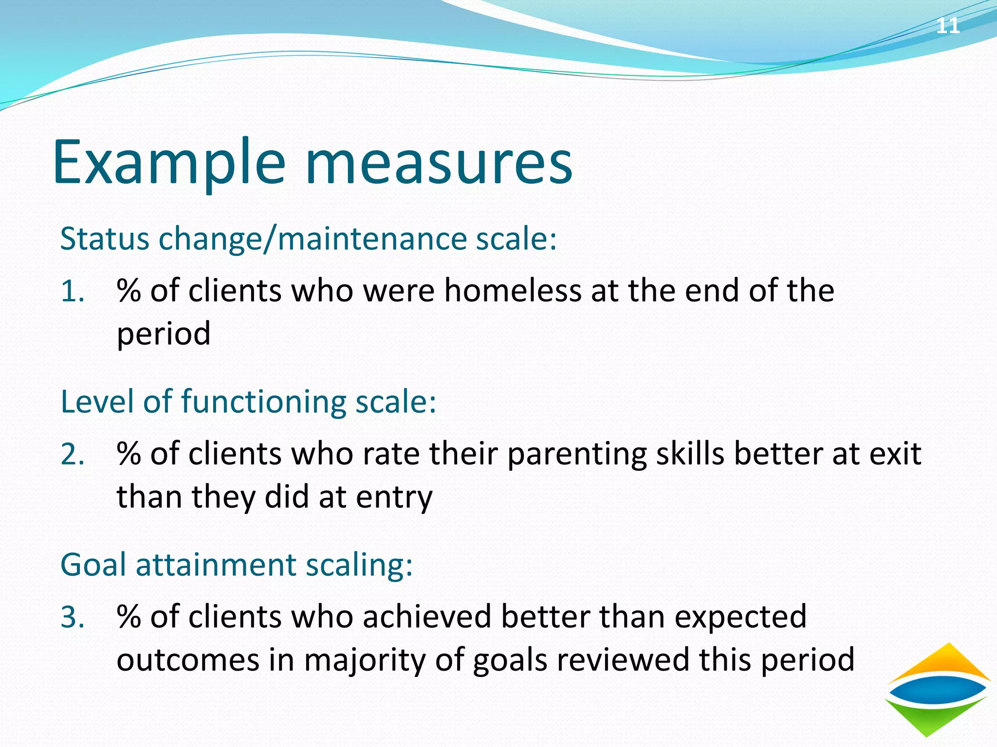 11




Example measures
Status change/maintenance scale:
1. % of clients who were homeless at the end of the
    period
Level of functioning scale:
2. % of clients who rate their parenting skills better at exit
   than they did at entry
Goal attainment scaling:
3. % of clients who achieved better than expected
   outcomes in majority of goals reviewed this period
 