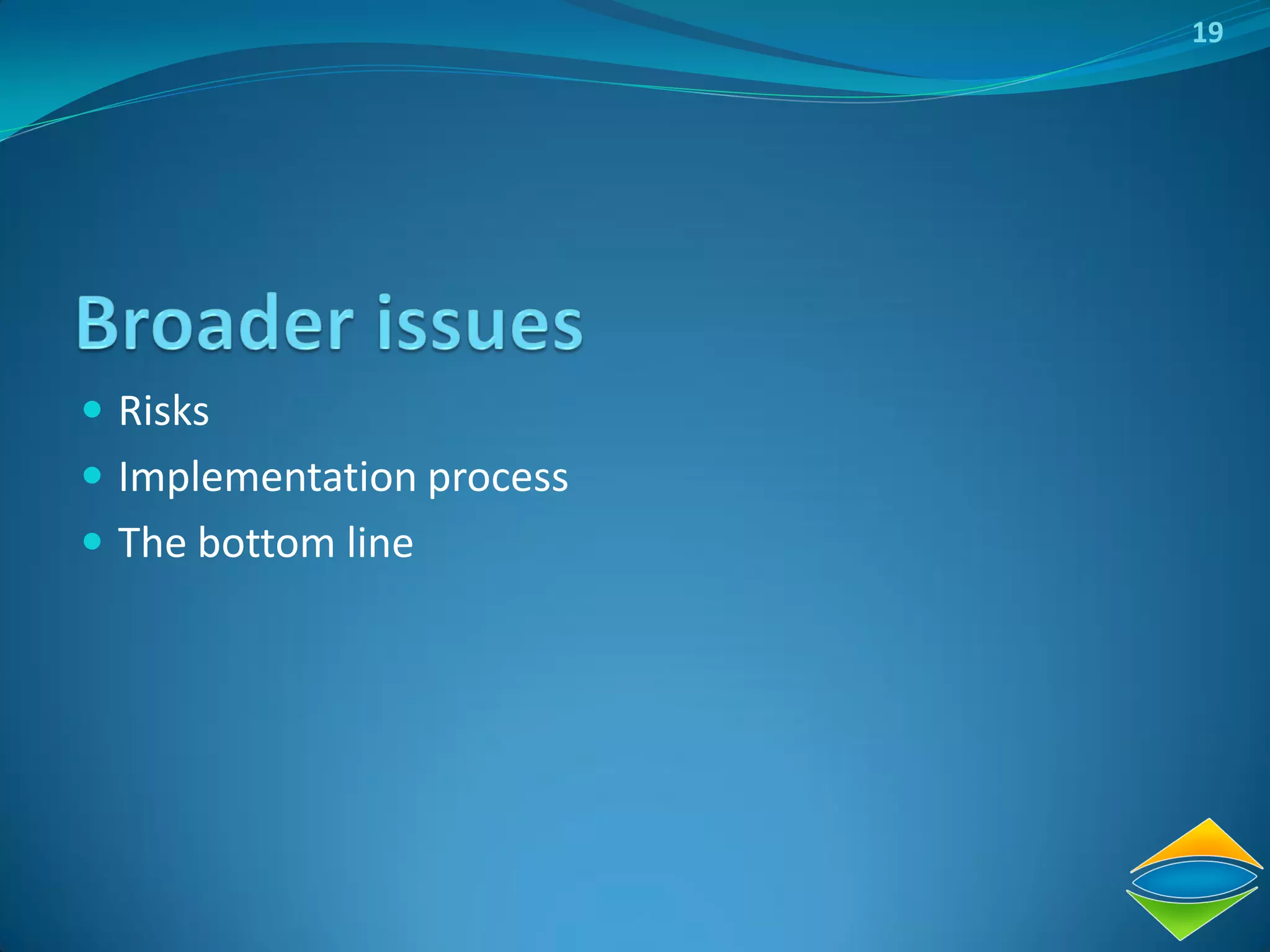 19




 Risks
 Implementation process
 The bottom line
 
