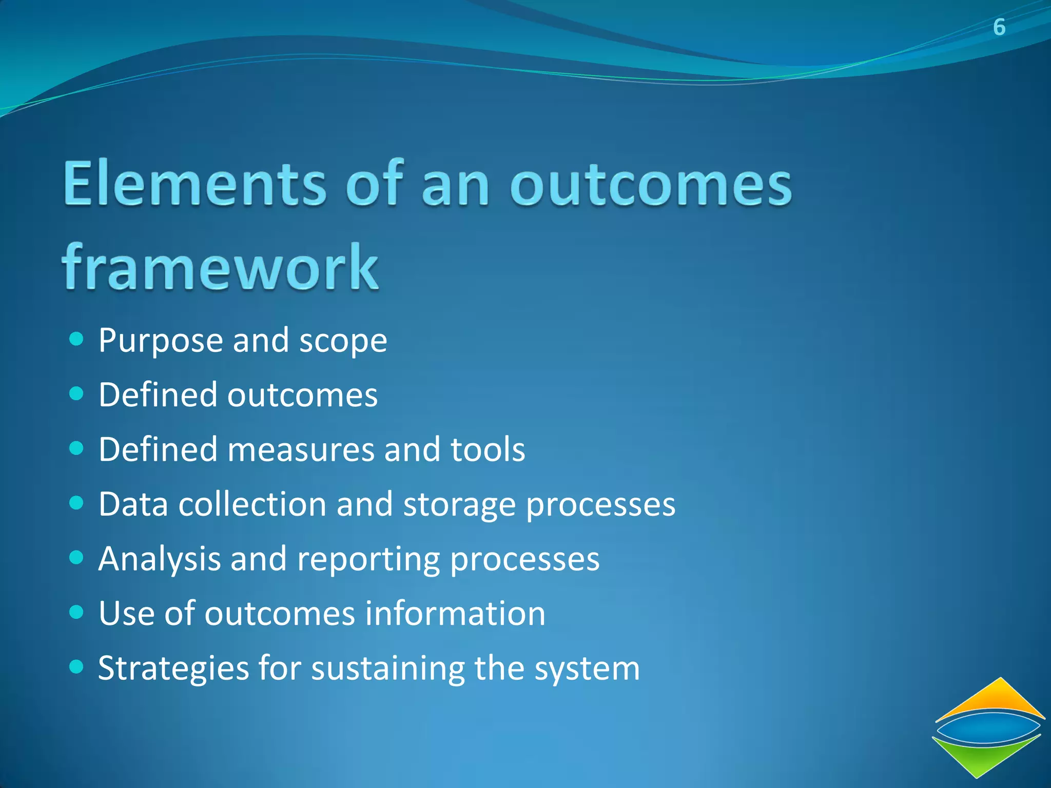 6




 Purpose and scope
 Defined outcomes
 Defined measures and tools
 Data collection and storage processes
 Analysis and reporting processes
 Use of outcomes information
 Strategies for sustaining the system
 