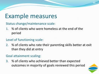 11




Example measures
Status change/maintenance scale:
1. % of clients who were homeless at the end of the
    period
Level of functioning scale:
2. % of clients who rate their parenting skills better at exit
   than they did at entry
Goal attainment scaling:
3. % of clients who achieved better than expected
   outcomes in majority of goals reviewed this period
 