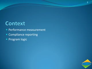 2




 Performance measurement
 Compliance reporting
 Program logic
 