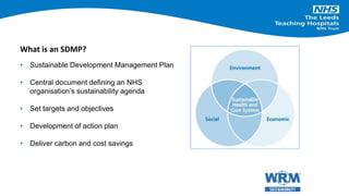 • Sustainable Development Management Plan
• Central document defining an NHS
organisation’s sustainability agenda
• Set targets and objectives
• Development of action plan
• Deliver carbon and cost savings
What is an SDMP?
 