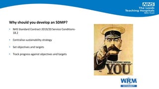 • NHS Standard Contract 2019/20 Service Conditions-
18.2
• Centralise sustainability strategy
• Set objectives and targets
• Track progress against objectives and targets
Why should you develop an SDMP?
 
