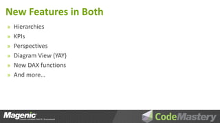 New Features in Both
» Hierarchies
» KPIs
» Perspectives
» Diagram View (YAY)
» New DAX functions
» And more…
 