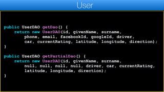 public UserDAO getDao() {
return new UserDAO(id, givenName, surname,
phone, email, facebookId, googleId, driver,
car, currentRating, latitude, longitude, direction);
}
public UserDAO getPartialDao() {
return new UserDAO(id, givenName, surname,
null, null, null, null, driver, car, currentRating,
latitude, longitude, direction);
}
User
 