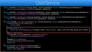 public UserDAO loginByPhone(String phone, String password) throws UserAuthenticationException {
return loginImpl(users.findByPhone(phone), password);
}
public UserDAO loginByFacebook(String facebookId, String password) throws UserAuthenticationException {
return loginImpl(users.findByFacebookId(facebookId), password);
}
public UserDAO loginByGoogle(String googleId, String password) throws UserAuthenticationException {
return loginImpl(users.findByGoogleId(googleId), password);
}
private UserDAO loginImpl(List<User> us, String password) throws UserAuthenticationException {
if(us == null || us.isEmpty()) {
return null;
}
if(us.size() > 1) {
throw new RuntimeException("Illegal state "+us.size()+" users with the same phone are listed!");
}
User u = us.get(0);
if(!encoder.matches(password, u.getPassword())) {
throw new UserAuthenticationException();
}
UserDAO d = u.getDao();
d.setAuthToken(u.getAuthToken());
return d;
}
public boolean existsByPhone(String phone) {
List<User> us = users.findByPhone(phone);
return !us.isEmpty();
}
UserService
 