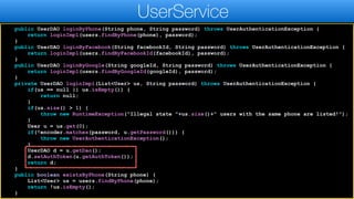 public UserDAO loginByPhone(String phone, String password) throws UserAuthenticationException {
return loginImpl(users.findByPhone(phone), password);
}
public UserDAO loginByFacebook(String facebookId, String password) throws UserAuthenticationException {
return loginImpl(users.findByFacebookId(facebookId), password);
}
public UserDAO loginByGoogle(String googleId, String password) throws UserAuthenticationException {
return loginImpl(users.findByGoogleId(googleId), password);
}
private UserDAO loginImpl(List<User> us, String password) throws UserAuthenticationException {
if(us == null || us.isEmpty()) {
return null;
}
if(us.size() > 1) {
throw new RuntimeException("Illegal state "+us.size()+" users with the same phone are listed!");
}
User u = us.get(0);
if(!encoder.matches(password, u.getPassword())) {
throw new UserAuthenticationException();
}
UserDAO d = u.getDao();
d.setAuthToken(u.getAuthToken());
return d;
}
public boolean existsByPhone(String phone) {
List<User> us = users.findByPhone(phone);
return !us.isEmpty();
}
UserService
 