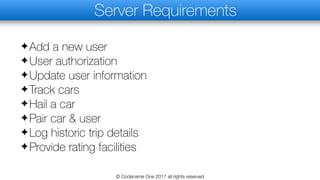 Server Requirements
✦Add a new user
✦User authorization
✦Update user information
✦Track cars
✦Hail a car
✦Pair car & user
✦Log historic trip details
✦Provide rating facilities
© Codename One 2017 all rights reserved
 
