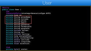 @Entity
public class User {
@Id
@GeneratedValue(strategy=GenerationType.AUTO)
private Long id;
private String givenName;
private String surname;
private String phone;
private String email;
private String password;
private String facebookId;
private String googleId;
private boolean driver;
private String car;
private boolean hailing;
private Long assignedUser;
private float currentRating;
private double latitude;
private double longitude;
private float direction;
@Lob
private byte[] avatar;
User
 