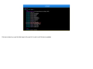 @Entity
public class User {
@Id
@GeneratedValue(strategy=GenerationType.AUTO)
private Long id;
private String givenName;
private String surname;
private String phone;
private String email;
private String password;
private String facebookId;
private String googleId;
private boolean driver;
private String car;
private boolean hailing;
private Long assignedUser;
private float currentRating;
private double latitude;
private double longitude;
private float direction;
@Lob
private byte[] avatar;
User
If the taxi is taken by a user this field maps to the user ID. It is set to null if the taxi is available
 