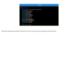 @Entity
public class User {
@Id
@GeneratedValue(strategy=GenerationType.AUTO)
private Long id;
private String givenName;
private String surname;
private String phone;
private String email;
private String password;
private String facebookId;
private String googleId;
private boolean driver;
private String car;
private boolean hailing;
private Long assignedUser;
private float currentRating;
private double latitude;
private double longitude;
private float direction;
@Lob
private byte[] avatar;
User
We will have a separate object dealing with rating but we can’t sum it for every query so the rating value will be cached here
 