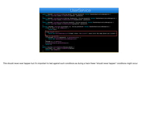 public UserDAO loginByPhone(String phone, String password) throws UserAuthenticationException {
return loginImpl(users.findByPhone(phone), password);
}
public UserDAO loginByFacebook(String facebookId, String password) throws UserAuthenticationException {
return loginImpl(users.findByFacebookId(facebookId), password);
}
public UserDAO loginByGoogle(String googleId, String password) throws UserAuthenticationException {
return loginImpl(users.findByGoogleId(googleId), password);
}
private UserDAO loginImpl(List<User> us, String password) throws UserAuthenticationException {
if(us == null || us.isEmpty()) {
return null;
}
if(us.size() > 1) {
throw new RuntimeException("Illegal state "+us.size()+" users with the same phone are listed!");
}
User u = us.get(0);
if(!encoder.matches(password, u.getPassword())) {
throw new UserAuthenticationException();
}
UserDAO d = u.getDao();
d.setAuthToken(u.getAuthToken());
return d;
}
public boolean existsByPhone(String phone) {
List<User> us = users.findByPhone(phone);
return !us.isEmpty();
}
UserService
This should never ever happen but it's important to test against such conditions as during a hack these "should never happen" conditions might occur
 
