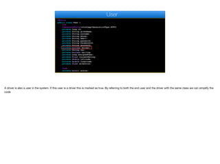 @Entity
public class User {
@Id
@GeneratedValue(strategy=GenerationType.AUTO)
private Long id;
private String givenName;
private String surname;
private String phone;
private String email;
private String password;
private String facebookId;
private String googleId;
private boolean driver;
private String car;
private boolean hailing;
private Long assignedUser;
private float currentRating;
private double latitude;
private double longitude;
private float direction;
@Lob
private byte[] avatar;
User
A driver is also a user in the system. If this user is a driver this is marked as true. By referring to both the end user and the driver with the same class we can simplify the
code
 