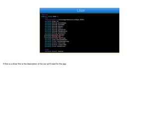 @Entity
public class User {
@Id
@GeneratedValue(strategy=GenerationType.AUTO)
private Long id;
private String givenName;
private String surname;
private String phone;
private String email;
private String password;
private String facebookId;
private String googleId;
private boolean driver;
private String car;
private boolean hailing;
private Long assignedUser;
private float currentRating;
private double latitude;
private double longitude;
private float direction;
@Lob
private byte[] avatar;
User
If this is a driver this is the description of his car we’ll need for the app
 