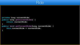 private Long currentRide;
public Long getCurrentRide() {
return currentRide;
}
public void setCurrentRide(Long currentRide) {
this.currentRide = currentRide;
}
Ride
 