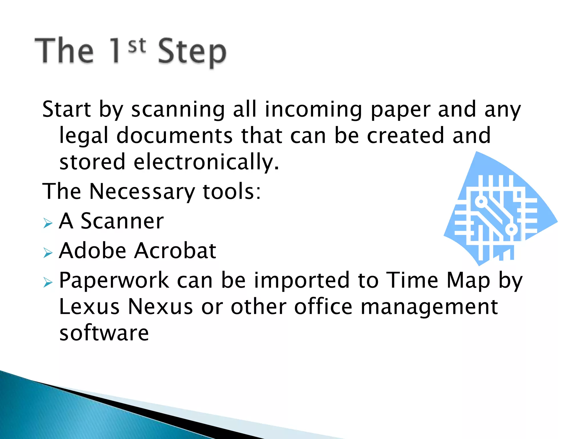 Start by scanning all incoming paper and any legal documents that can be created and stored electronically.The Necessary tools: A Scanner