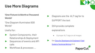 Use More Diagrams
"One Picture is Worth a Thousand
Words"
"One Diagram Illuminates 500
Words"
Useful for:
► System Components, their
Relationships & Deployment
► Sequences of events and API
calls
► Workﬂows & processes ...
► Diagrams are the ALT tag for to
SUPPORT the text
► Still provide complete
explanations
● & proper ALT tags on all images
► See Docs for Developers An Engineer’s Field
Guide to Technical Writing Ch 6
 