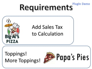 Add Sales Tax
to Calculation
Toppings!
More Toppings!
 