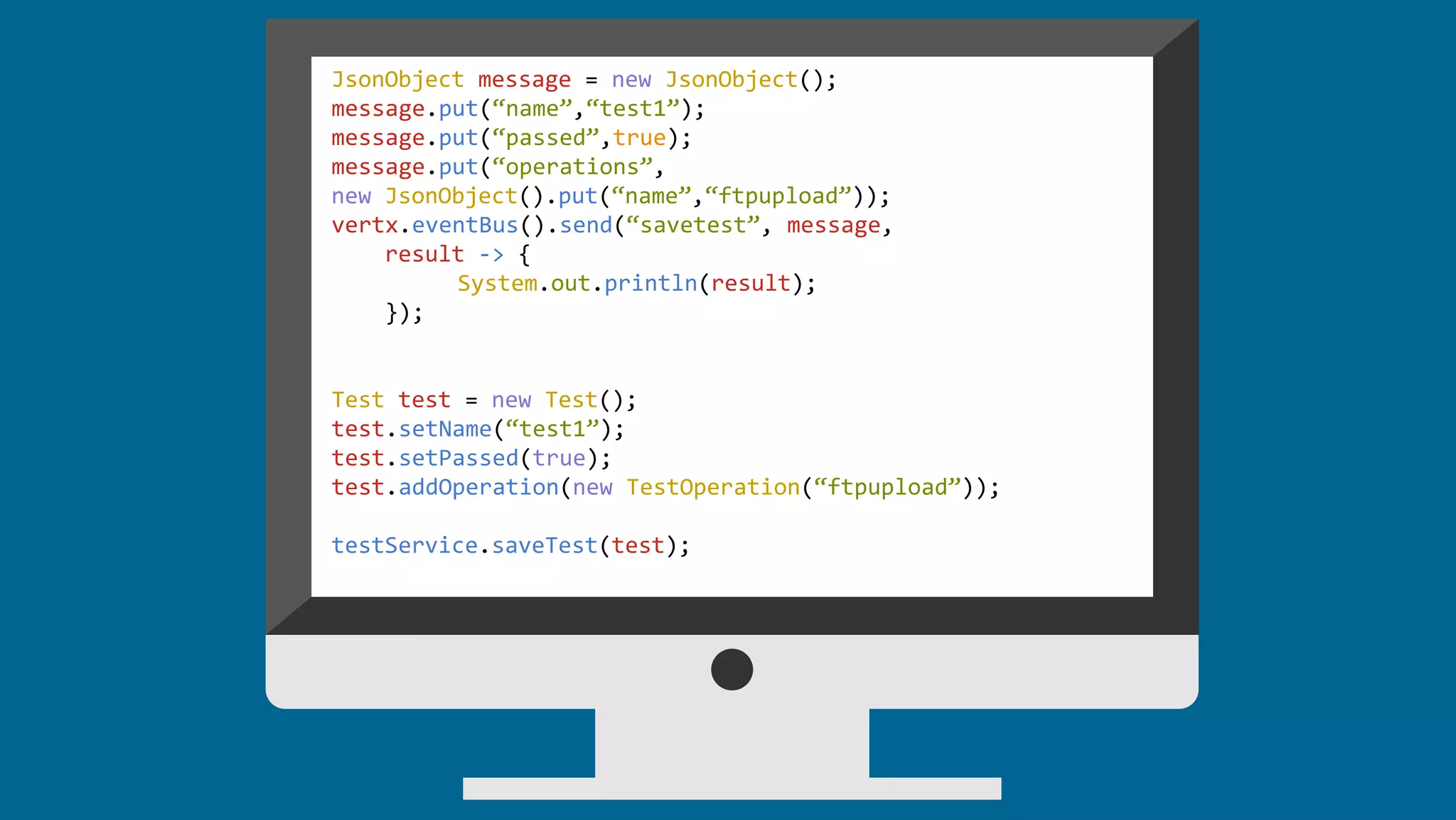 JsonObject message = new JsonObject();
message.put(“name”,“test1”);
message.put(“passed”,true);
message.put(“operations”,
new JsonObject().put(“name”,“ftpupload”));
vertx.eventBus().send(“savetest”, message,
result -> {
System.out.println(result);
});
Test test = new Test();
test.setName(“test1”);
test.setPassed(true);
test.addOperation(new TestOperation(“ftpupload”));
testService.saveTest(test);
 