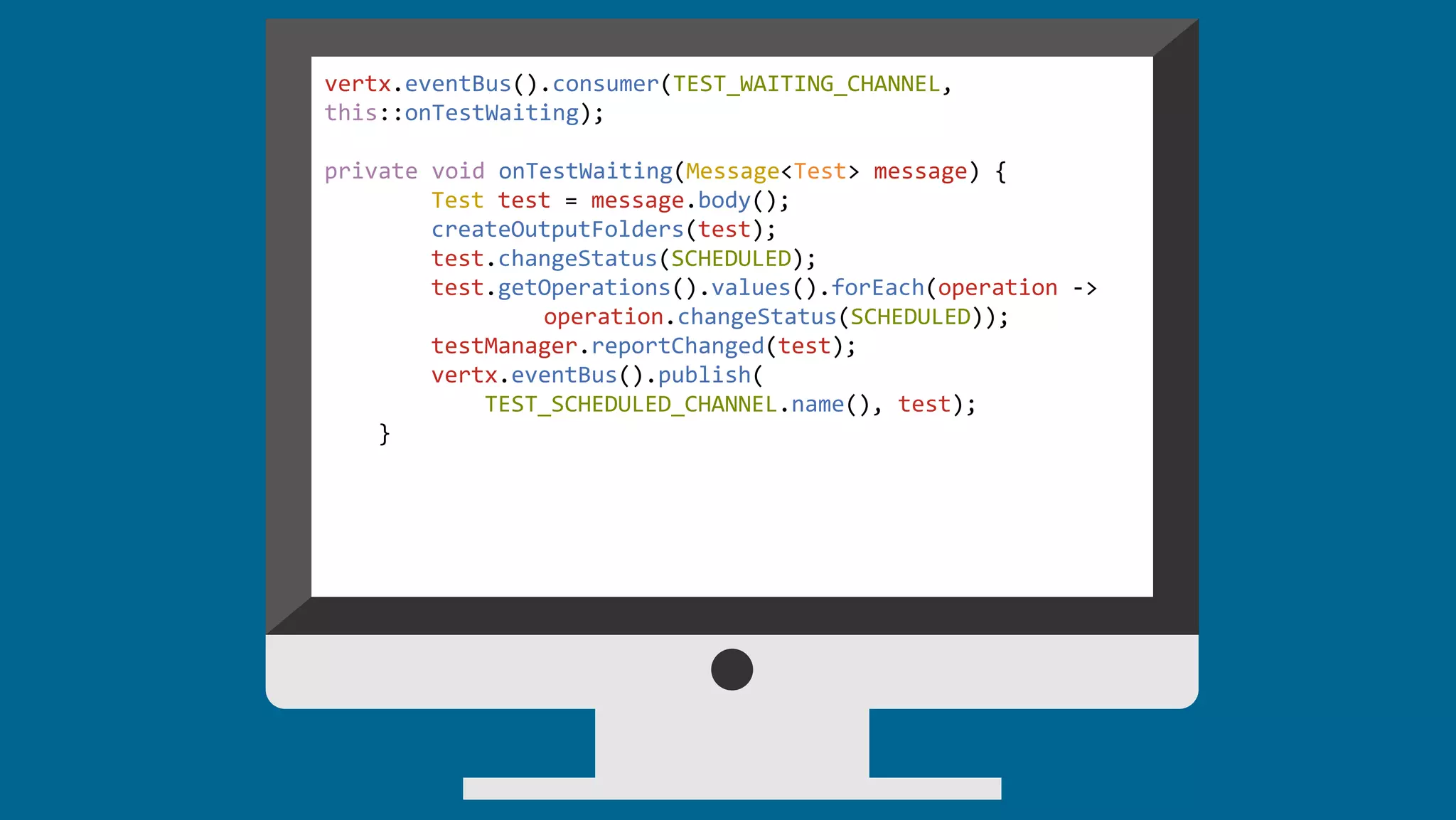 vertx.eventBus().consumer(TEST_WAITING_CHANNEL,
this::onTestWaiting);
private void onTestWaiting(Message<Test> message) {
Test test = message.body();
createOutputFolders(test);
test.changeStatus(SCHEDULED);
test.getOperations().values().forEach(operation ->
operation.changeStatus(SCHEDULED));
testManager.reportChanged(test);
vertx.eventBus().publish(
TEST_SCHEDULED_CHANNEL.name(), test);
}
 