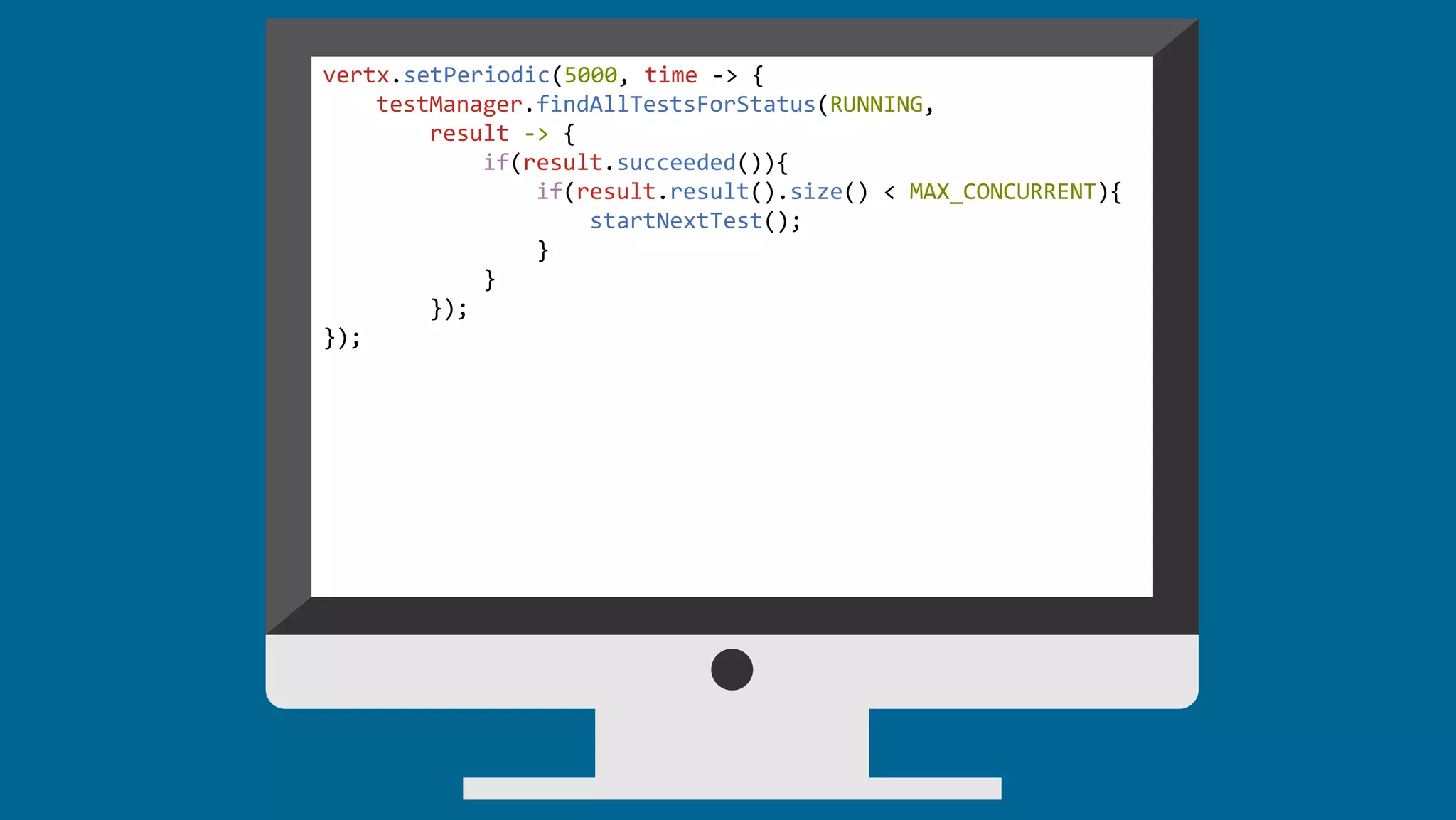 vertx.setPeriodic(5000, time -> {
testManager.findAllTestsForStatus(RUNNING,
result -> {
if(result.succeeded()){
if(result.result().size() < MAX_CONCURRENT){
startNextTest();
}
}
});
});
 